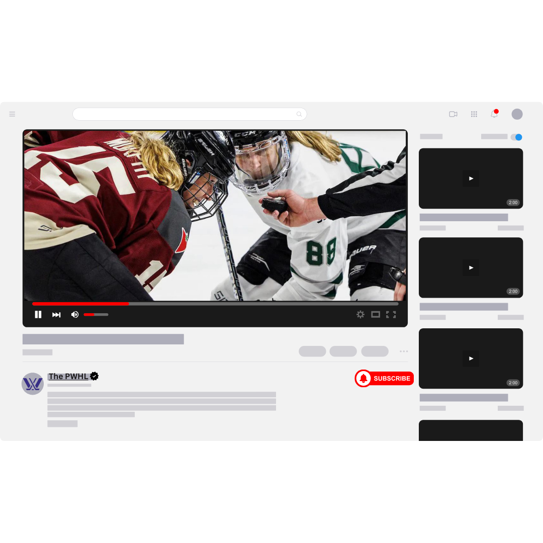 A graphic depicting a YouTube video page for a PWHL game.
