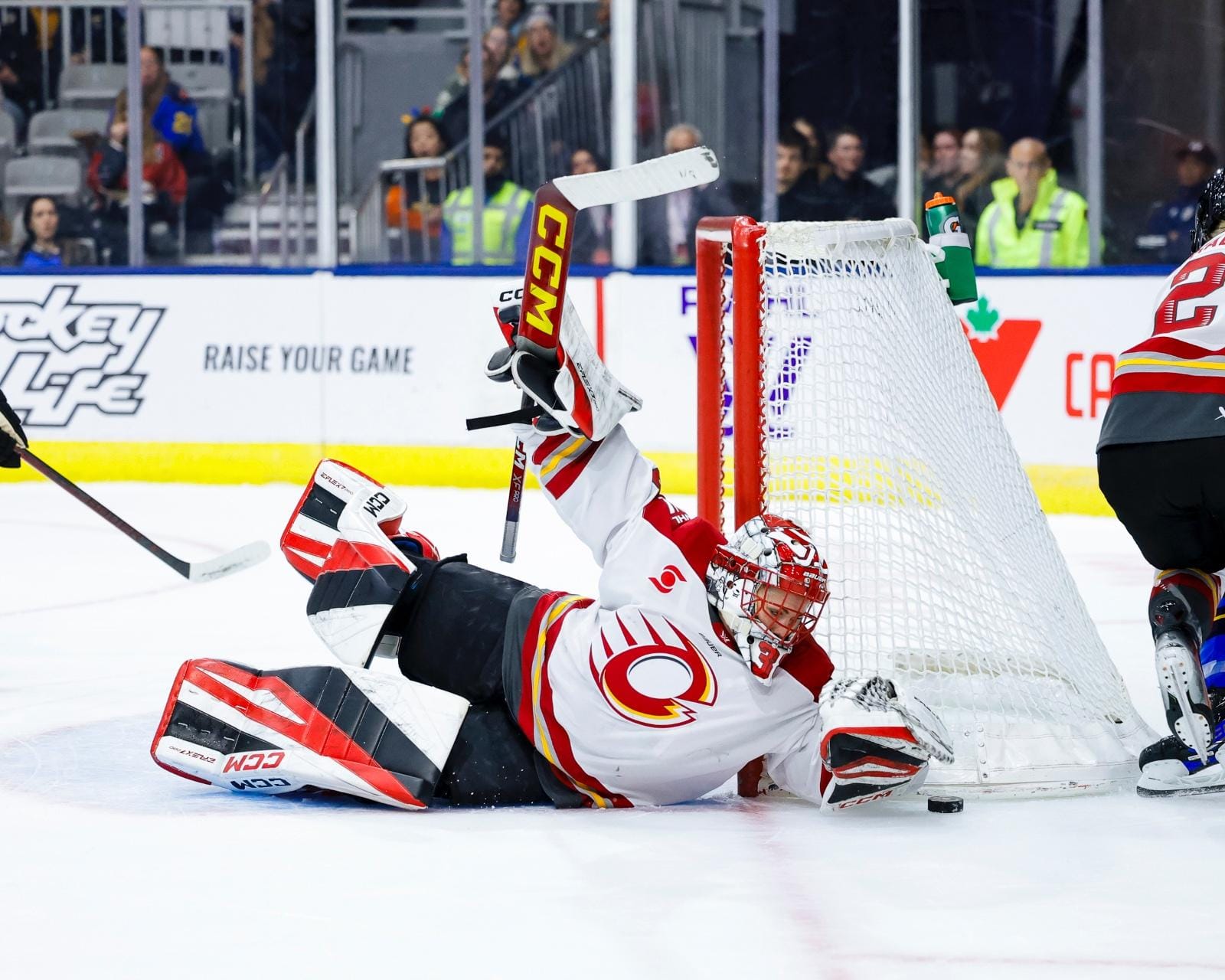 Maschmeyer is laying on the ice, reaching to her left to grab a puck from the side of the net. She is holding her stick in the air after apparently just diving to the side to make the save. She is wearing a white away uniform and her red, black, and white pads.