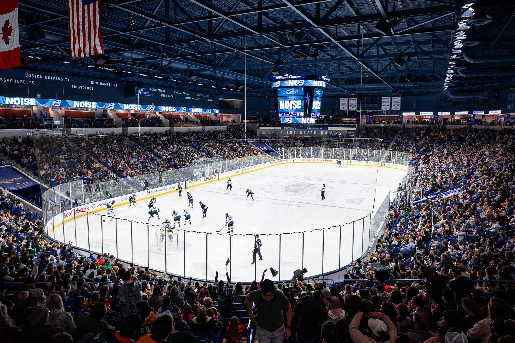 A look from the concourse at the sold-out Tsongas Center crowd and the ice, where the Fleet and New York Sirens are preparing for a faceoff to the left of New York's net.