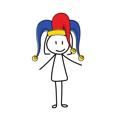 A graphic depicting a stick figure woman wearing a court jester hat. The hat has three points (two blue, one red), and they droop down by her face and have bells on the ends.