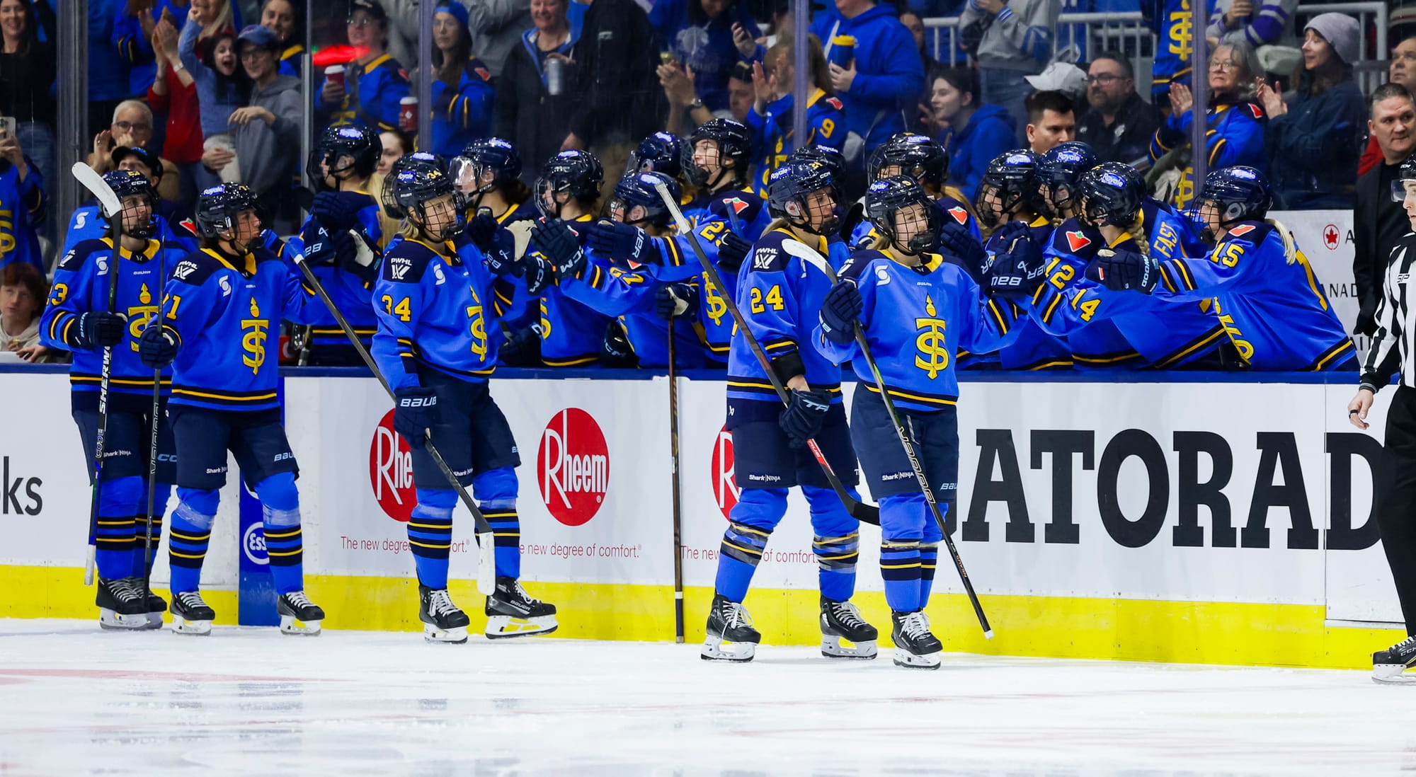 Five Sceptres players go down the handshake line at the bench to celebrate a goal. They are all wearing blue home uniforms.