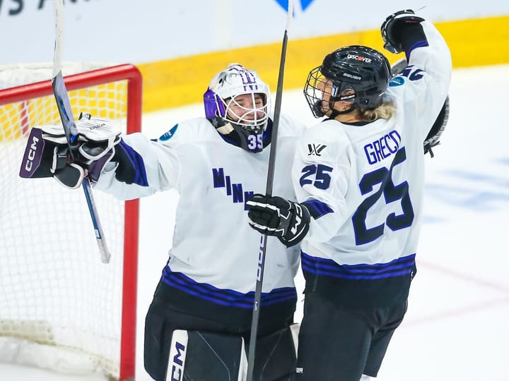 Maddie Rooney & Emma Greco celebrate a Game 5 win in Toronto (Photo by: Alex D’Addese/PWHL)
