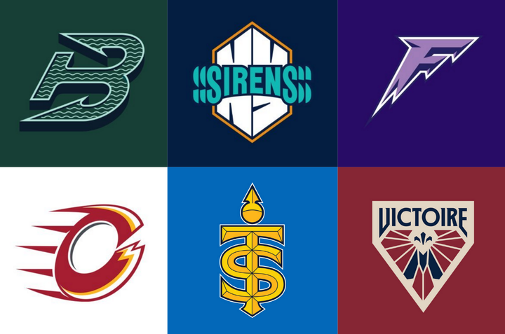 A graphic featuring the six PWHL logos. From left to right, top to bottom: Fleet, Sirens, Frost, Charge, Sceptres, Victoire.