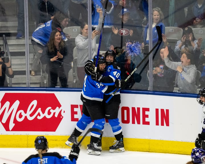 Hannah Miller and Blayre Turnbull celebrate a goal (Photo by: Christian Bender/PWHL)