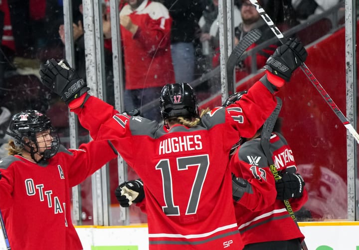 Gabbie Hughes celebrating a goal on Jan. 17th 2024 against PWHL Minnesota.