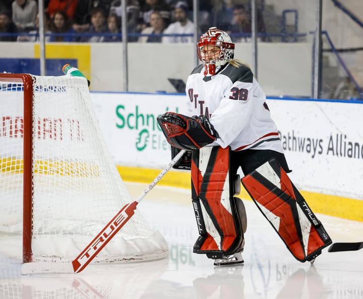 Ottawa goaltender Emerance Maschmeyer skates onto the ice ahead of the PWHL game against Toronto on January 13th 2024..