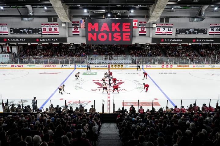 PWHL Ottawa and Montreal face off at the Arena at TD Place in Ottawa on April 27th, 2024.