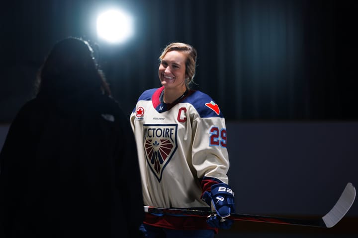 Marie-Philip Poulin of the Montreal Victoire smiles during media day (Photo Cred: PWHL)