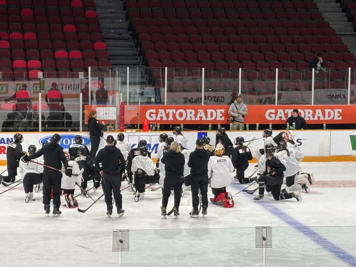 Players kneeling on the ice during a practice session at the Arena at TD Place on November 14th 2024.