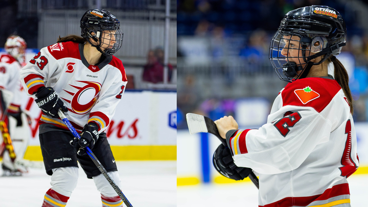 Jocelyn Larocque (left) and Victoria Bach (right) warming up.