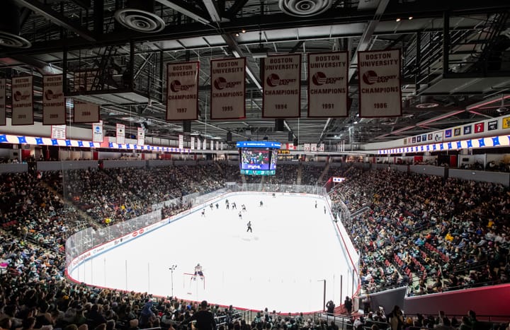 A view of the crowd and ice at Agganis Arena while the Fleet and Victoire battle it out.